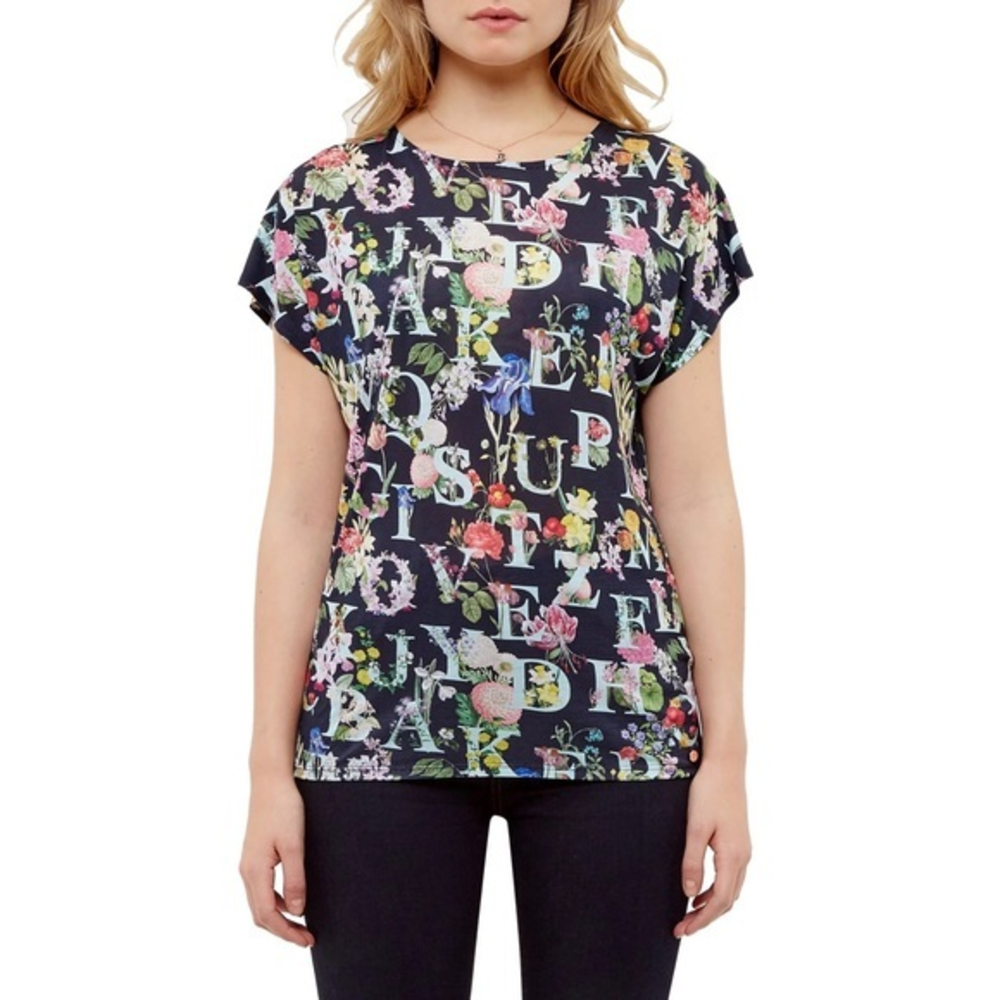 Ted Baker Kabigi A-Z Floral Print Navy T-Shirt Size 1/XS